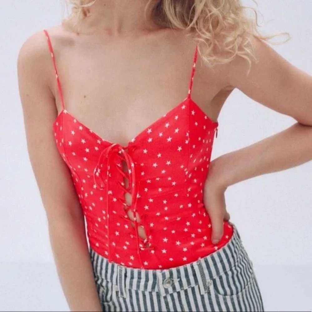 NWT Zara Satin Effect Star Bodysuit Red White Lace Up Size Large L NEW
